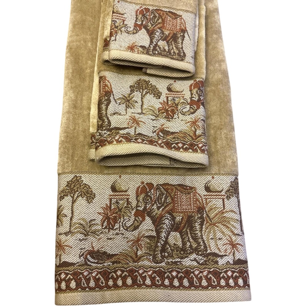 Hampton Manor Towel Set Tan New Taja Elephant 100% Cotton 3 Piece Safari Vintage